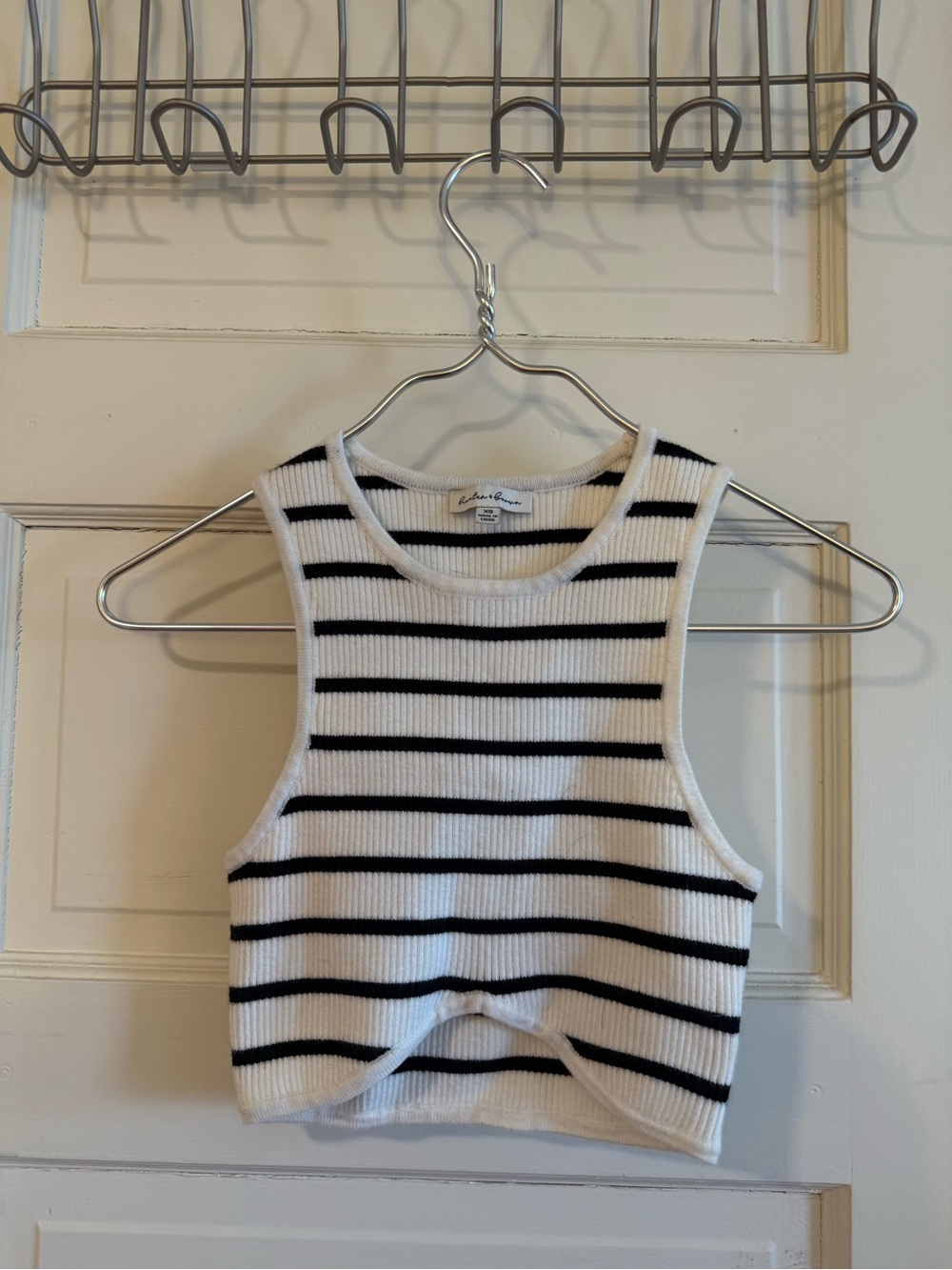 L'Agence White & Black Striped Ribbed Crop Tank